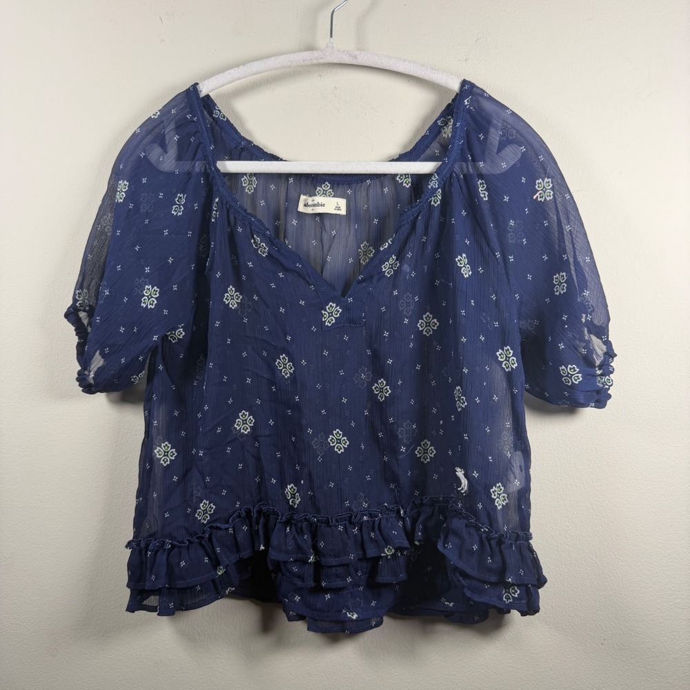 Abercrombie‎ Peplum Blouse Womens L Blue Y2K Floral Sheer Ruffle V-Neck Peasant